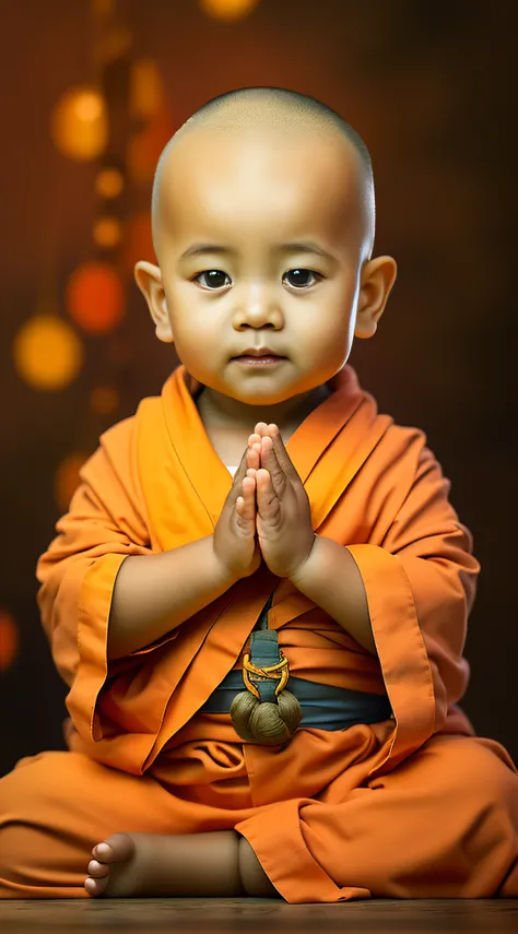 A little monk with a toddler，had his hands folded，sit with legs crossed，Orange monk robe，Perfect facial features，face to the viewer，with black background