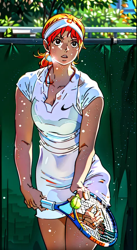 masterpiece, best quality, high resolution, ultra detailed face, nami (one piece), a female tennis player holding a racket and ball on a court, long hair, orange hair, white dress