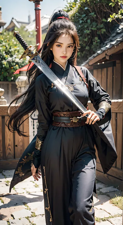 ,1个Giant Breast Girl，Hold the hilt of the sword in your hand，Sword in one hand，Long sword，Unsheathed sword，Sword in hand，Hanfu，Boots，Fingerless gloves，blossoms，mitts，petals，whaite hair，1个Giant Breast Girl，Fingerless gloves，blossoms，独奏，arma，whaite hair，high...