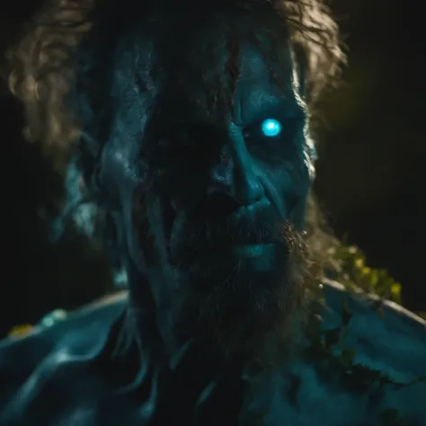 "A stunning 4k portrait featuring bioluminescent magic elements of an undead zombie."