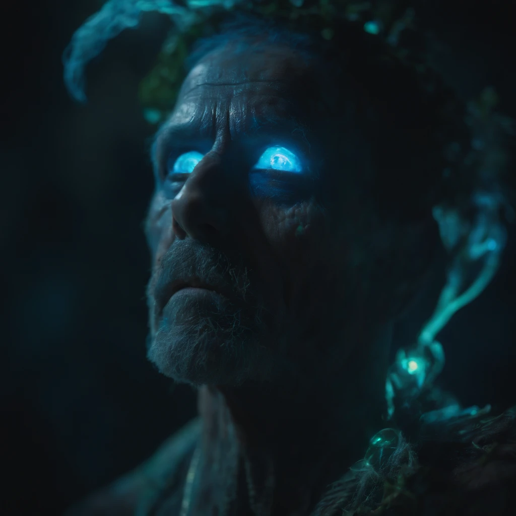 "A stunning 4k portrait featuring bioluminescent magic elements of an undead zombie."