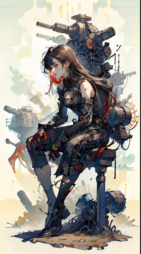 (Best Quality,4K,High resolution), 18yo woman, Red mesh hair on black hair, Long hair, Straight hair,  , Comical appearance，android，Mechanical arm，Representation of the human body，Repair yourself，Scenes to maintain，Realistic behavior，maintenance，breaking，E...