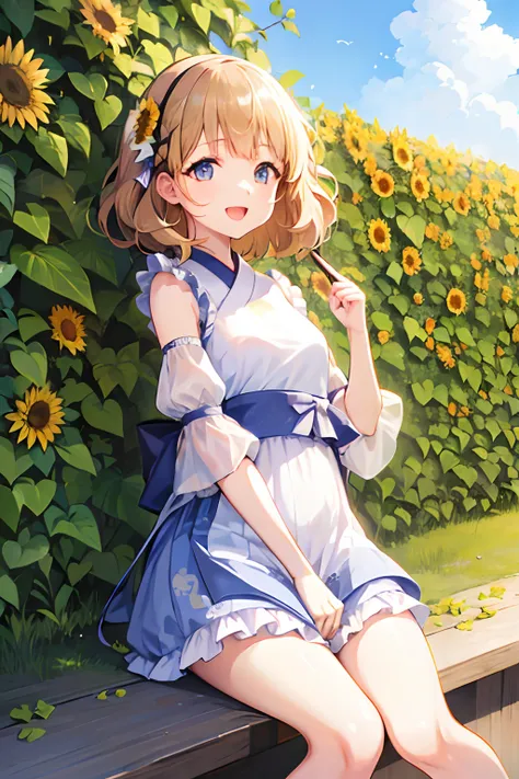 hinamomo,high-level image quality、masutepiece、1girl in,lori、a smile、cute,white dress、sunflowers fields、strong sunshine