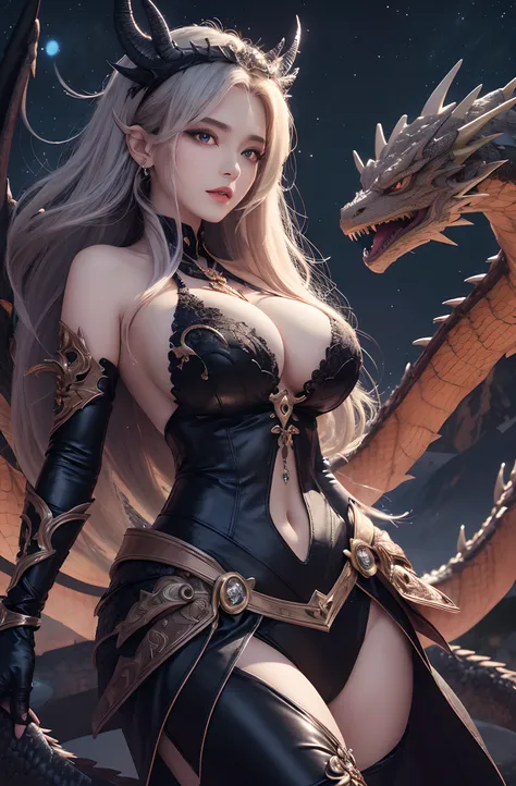 (16k, masterpiece, best quality), ultra-detailed, detailed beautiful round eyes, beautifully detailed face, high quality, high resolution, the dragon queen with her dragons, dragon outfit, darkness dragon, goddess, perfect face, perfect body, big breast, (...