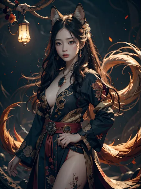 1girls, bara, official art, Unity 8k壁纸, ultra-detail, beautiful and beautiful, masterpiece, bestquality, photorealistic portrait, (abstract background:1.5) (Zentangle, Mandala, tangle, Entangle:0.7) Kitsune Witch, fox mask, Haori Jacket, Foxfire Spells, Fa...