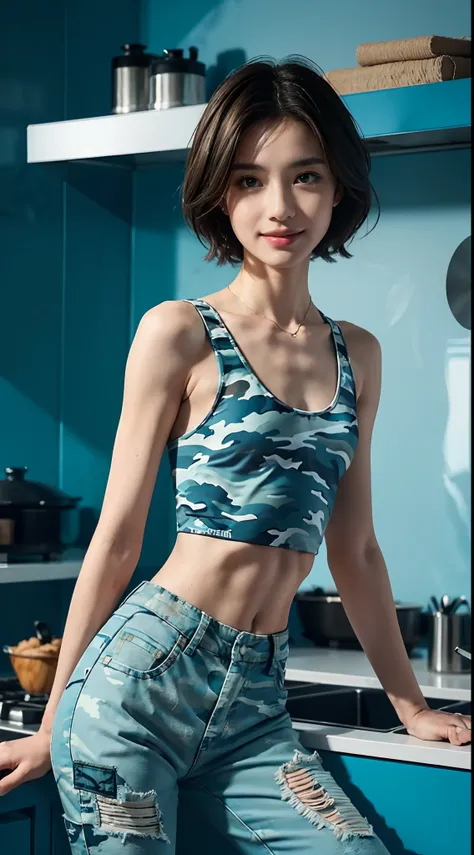 (Small lower chest,Tomboyish,small heads)), (Well-defined abs: 1.1), (perfect bodies: 1.1), (short-length straight short hair: 1.2), attractive collarbone，（极其细致的CG 8k壁纸），（Extremely refined and beautiful），（tmasterpiece），（best qualtiy：1.0），（超高分辨率：1.0），upper ...