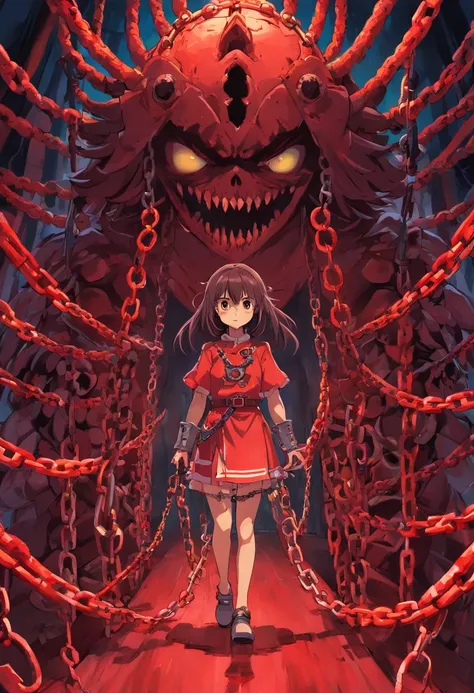 ((horror girl)), (blood big armor, (lots of chains),