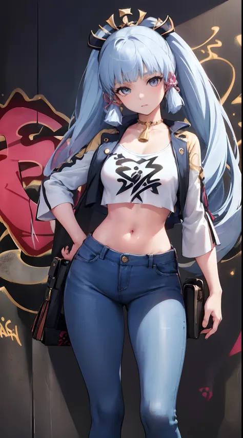 kamisato ayaka|genshin impact, master-piece, bestquality, 1girls,25 years old, proportional body, elongated legs, Beautiful, proportional., crop top, Long Jeans, mediuml breasts, ,bara, crop top, choker, (Graffiti:1.5), Splash with purple lightning pattern...