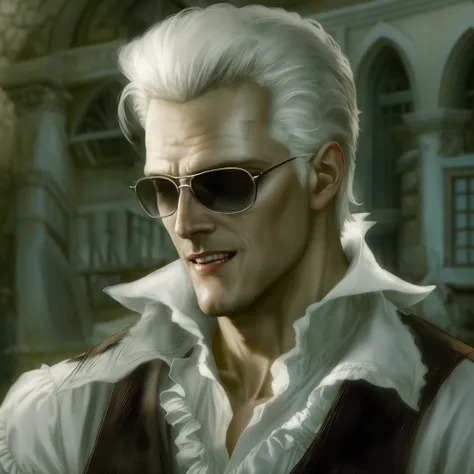 albert wesker, in a village, wearing a frilly white ruffled shirt, white hair, vampire teeth, high quality, portrait, close up,