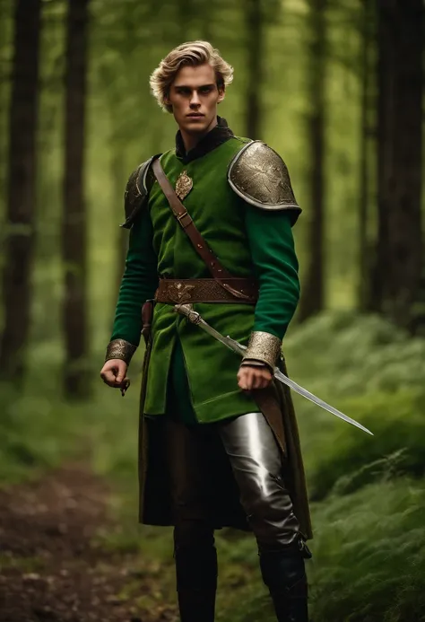 Neels Visser is a prince with golden blonde hair, Wears a moss green medieval military outfit, Look straight ahead with piercing emerald green eyes. Full body with a sword at the waist