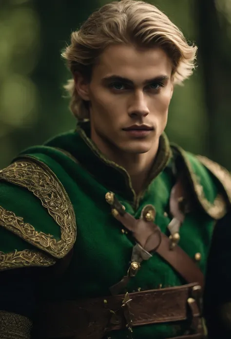 Neels Visser is a prince with golden blonde hair, Wears a moss green medieval military outfit, Look straight ahead with piercing emerald green eyes. Full body with a sword at the waist