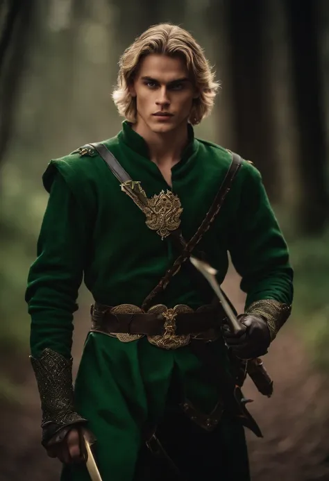 Neels Visser is a prince with golden blonde hair, Wears a moss green medieval military outfit, Look straight ahead with piercing emerald green eyes. Full body with a sword at the waist