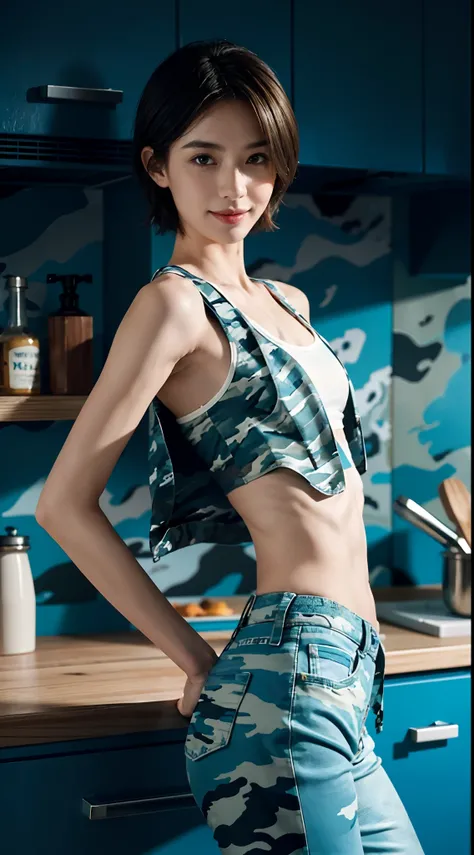 (Small lower chest,Tomboyish,small heads)), (Well-defined abs: 1.1), (perfect bodies: 1.1), (short-length straight short hair: 1.2), attractive collarbone，（极其细致的CG 8k壁纸），（Extremely refined and beautiful），（tmasterpiece），（best qualtiy：1.0），（超高分辨率：1.0），upper ...