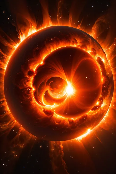 Solar flare explosion, Close to the surface of the huge sun, Particularly clear, Solar corona , Beautiful, spectacular. Spectacular panorama rendered in 3D, realisitic、Photoreal、Solar plasma、Images close to the surface of the Sun