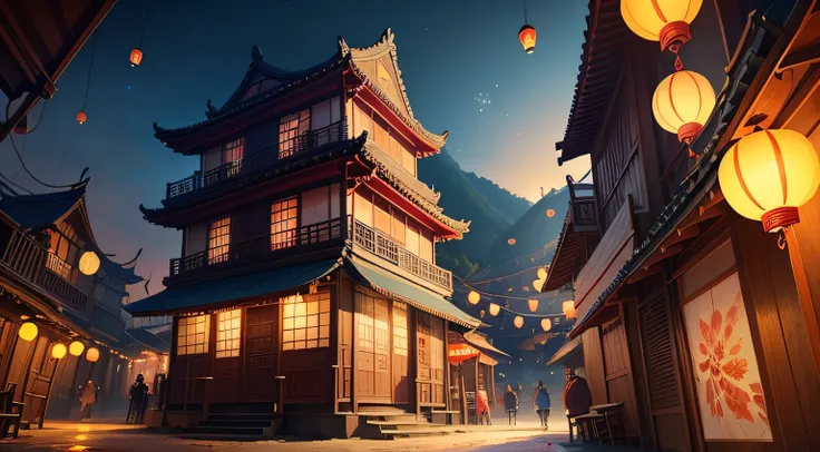 Fireworks and lanterns are lit in Taiwanese cities, background artwork, background art, Onmyoji detailed art, A dreamy Taiwanese village, Summer Festival Night, G Liulian Art Style, fireworks show, ros tran. scenic background, animation background art, bea...