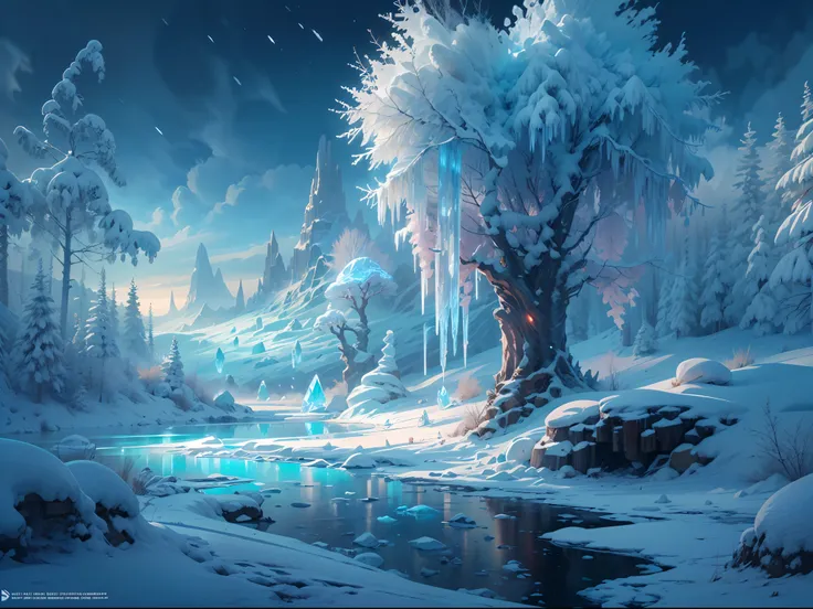 this breathtaking piece of official concept art by mappa studios depicts a majestic scene of an ice age frozen river. every elem...