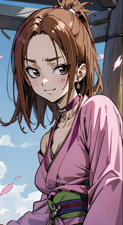 masutepiece, Best Quality, Ultra-detailed, Off-the-shoulder clothing, Colorful,Up-close, Hyper-detailing，Brown hair, Mouten, Kingdom, no sleeves, White camisole, Samurai, Kimono, Pink kimono, komono, Chest exposure, Underwear, Metamorphosis is exposed, Cho...