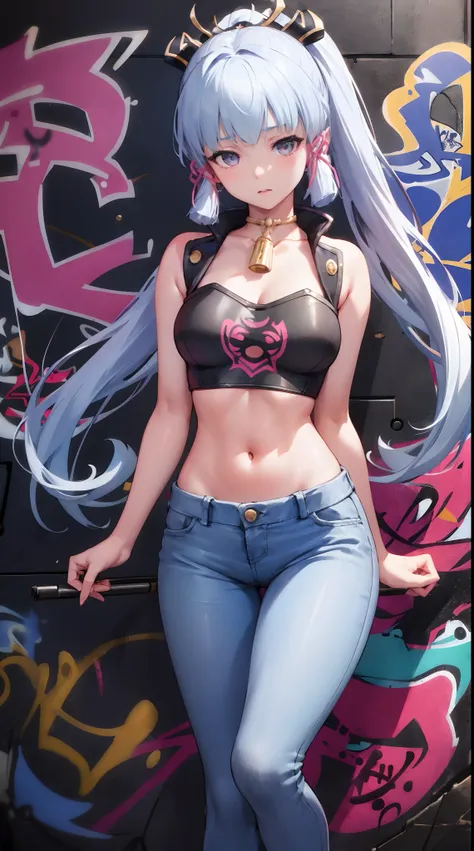 kamisato ayaka|genshin impact, master-piece, bestquality, 1girls,25 years old, proportional body, elongated legs, Beautiful, proportional., crop top, Long Jeans, mediuml breasts, ,bara, crop top, choker, (Graffiti:1.5), Splash with purple lightning pattern...