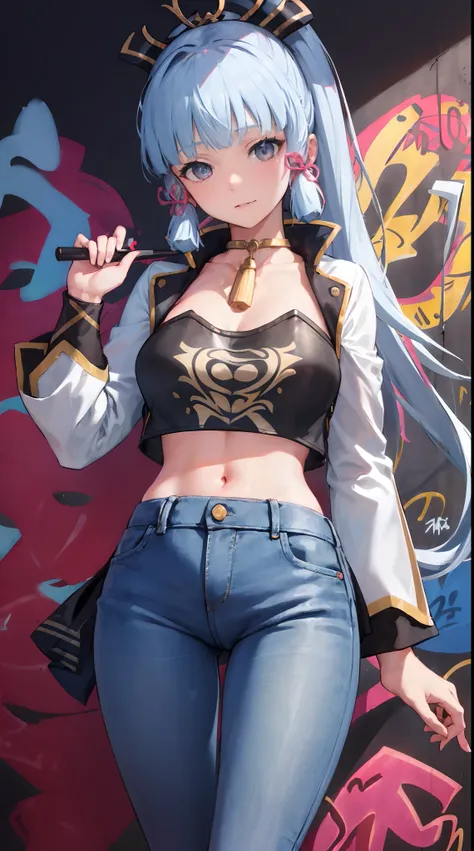 kamisato ayaka|genshin impact, master-piece, bestquality, 1girls,25 years old, proportional body, elongated legs, Beautiful, proportional., crop top, Long Jeans, mediuml breasts, ,bara, crop top, choker, (Graffiti:1.5), Splash with purple lightning pattern...