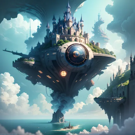 Space Magic Week， Magic concept art highlights， Vernadskys intellectual circle， The castle in the sky is built on a mobile mechanical spaceship of cyberpunk concept，Spaceships are the technology of the future，Tail disc light column jet，Can move around free...