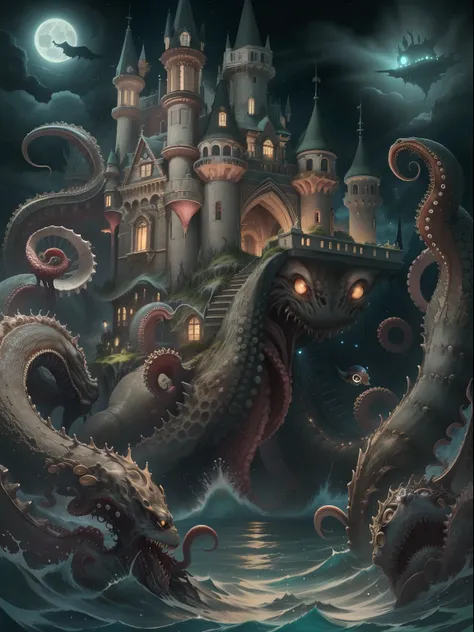 tmasterpiece：Dark castle on the move，Below is the sea monster，The sea monster holds up the castle，Sea Monster Tentacles，Octopus tentacles，the night，rays of moonlight，magic，shock，(Look at the perspective from the bottom up)。（number art，Official artistic aes...