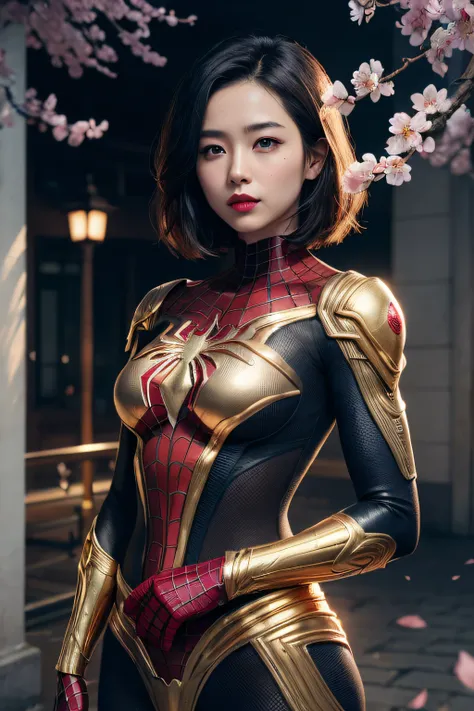 beautiful japanese young woman, wearing spiderman armor made of gold, thick symmetrical features, very short hair, background is cherry blossoms, pink aura, red lips, octane render,