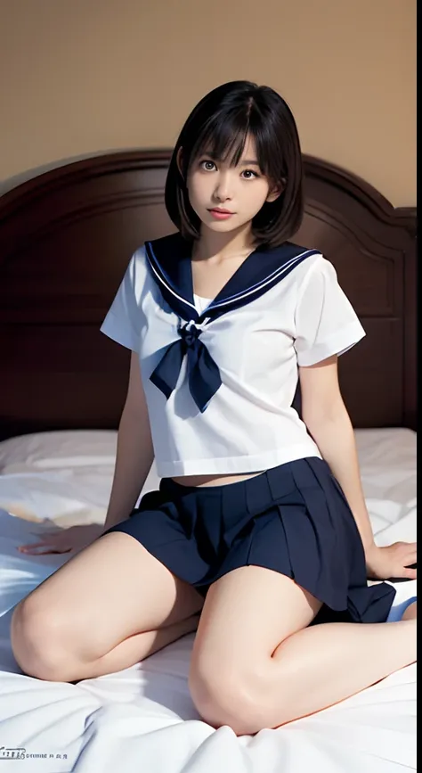 (masutepiece, Best Quality:1.2), 8K, Official art, Raw photo, unbelievable Ridiculous、Fulll body Shot、 (Upper body, Sailor Uniform, serafuku:1.4), Beautiful Girl, Pretty Face, bob cut  hair、arching back down, (Navy pleated skirt:1.1), close up, School unif...