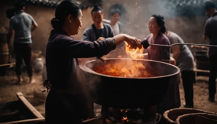 Traditional Chinese winemaking techniques，Frying wine，Several people fry wine together