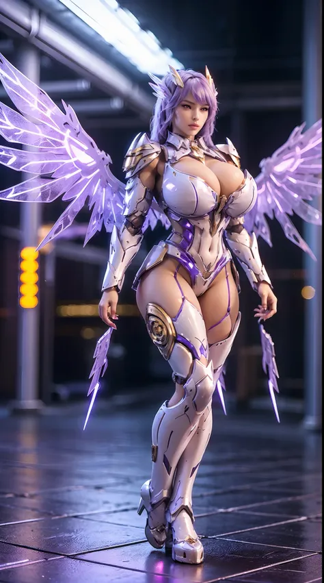 A WOMAN, BEAUTIFULL FACE, HUGE BOOBS, RGB, WHITE, GOLD, PURPLE, MECHA ARMOR FULL GEAR, (SUIT), (CLEAVAGE), (A PAIR LARGEST WINGS), (FULL BODY:1), TRANSPARANT, TALL LEGS, STANDING, SEXY BODY, MUSCLE ABS.