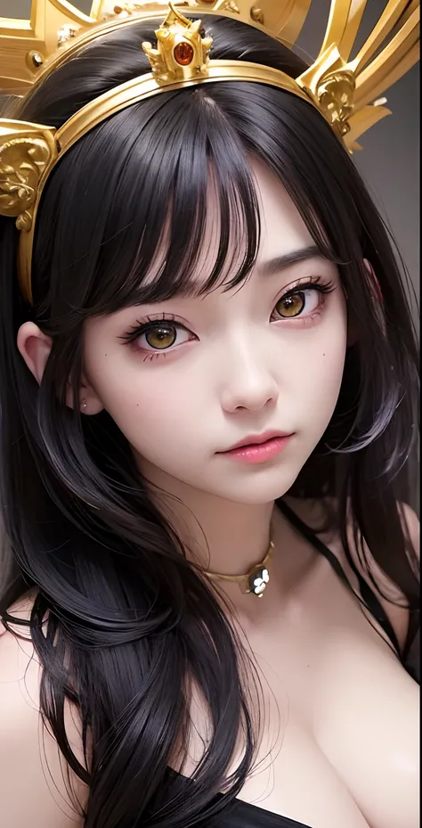 a close up of a woman with a crown on her head, with glowing yellow eyes, marin kitagawa fanart, ahegao face,  with glowing eyes, portrait knights of zodiac girl, with long hair and piercing eyes, devious evil expression, marvelous expression, handsome gir...