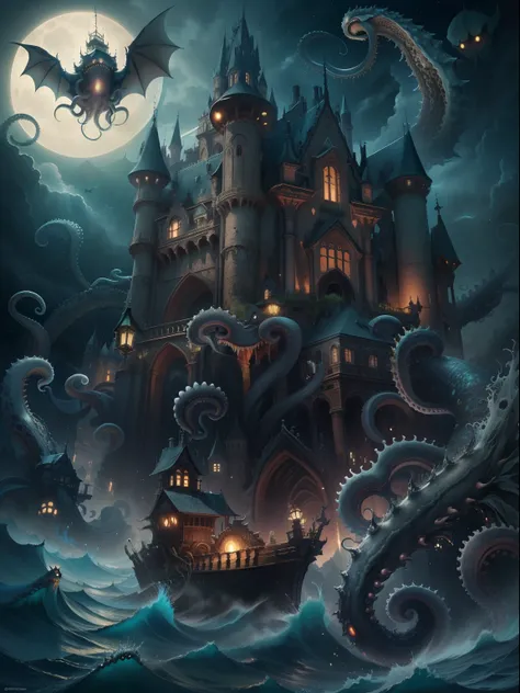 tmasterpiece：Dark castle on the move，The bat hovers，Below is the sea monster，Sea Monster Tentacles，Octopus tentacles，the night，rays of moonlight，magic，shock，an ominous fantasy illustration，(Look at the perspective from the bottom up)。（number art，Official a...