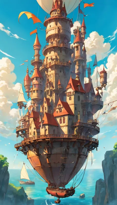 ((Steampunk castle)),Floating in((mid-air)),((((The castle is equipped with sails)))),Vibrant colors,scifi aesthetic,intense perspective,Modern miracle,forward-thinking,Technological progress