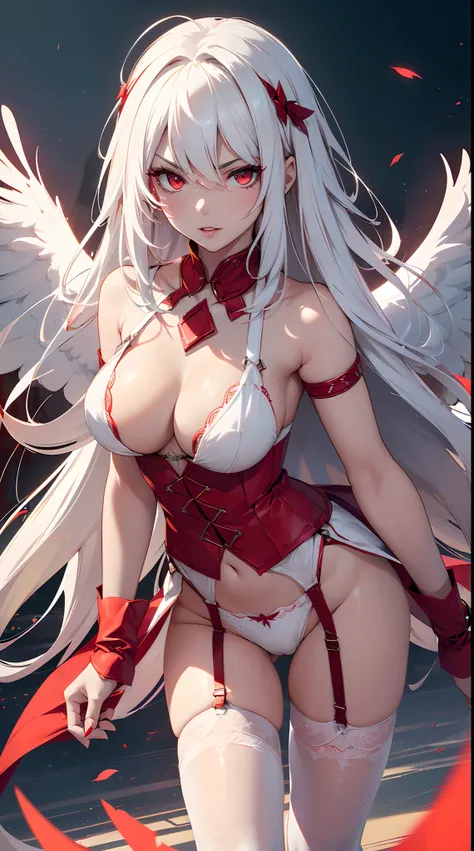 20 year old young woman( Long white hair ),(bright red eyes)<=(eyes HD lighting) (has red lips), beautiful eyebrows (badass expression) both hands have red bracelets on the arms (wears clothes made of transparent white cloth) (sexy white underwear model Ga...