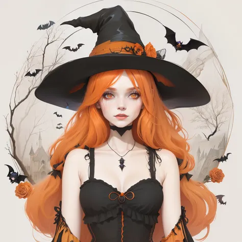 witch girl with orange hair and black hat with bats, portrait of a young witch girl, beautiful witch female, beautiful witch spooky female, witch girl, portrait of a young witch, beautiful female witch, halloween art style, classical witch, portrait of a w...