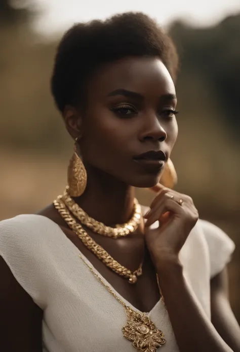 Il y a une femme avec une chemise noire et un collier en or, photo of a black woman, dark-skinned, with brown skin, dark skinned, Wear a detailed gold choker, Jeune femme noire, Porter un choker noir, Maria Borges, inspired by Theo Constanté, peau noire!!!...