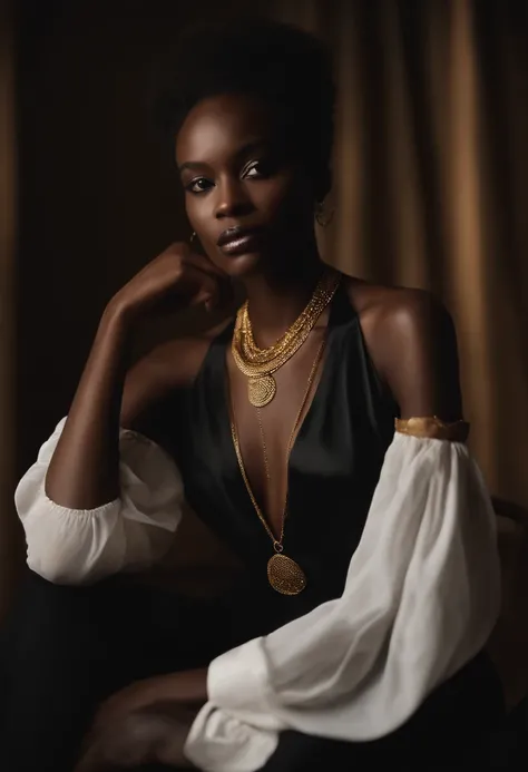 Il y a une femme avec une chemise noire et un collier en or, photo of a black woman, dark-skinned, with brown skin, dark skinned, Wear a detailed gold choker, Jeune femme noire, Porter un choker noir, Maria Borges, inspired by Theo Constanté, peau noire!!!...