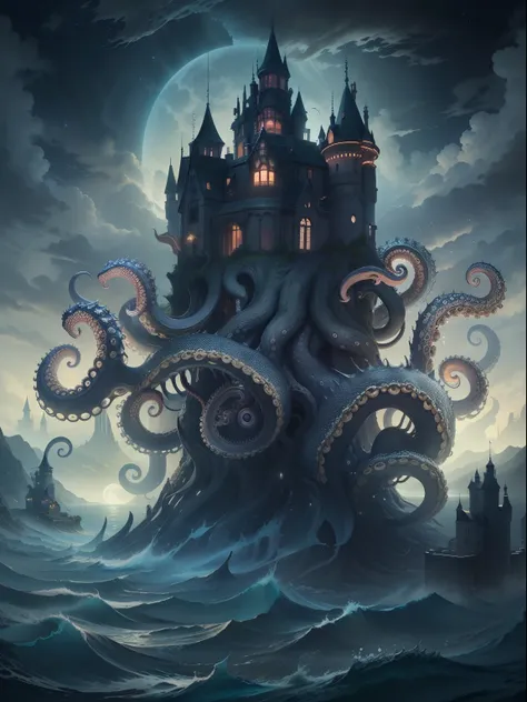 tmasterpiece：dark castle，Below is the sea monster，The sea monster holds up the castle，Sea Monster Tentacles，Octopus tentacles，the night，rays of moonlight，(Look at the perspective from the bottom up)。number art，Official artistic aesthetics