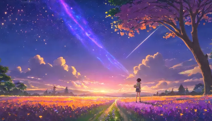 Vast landscape photos，（look from down，Above is the sky，Below are open fields），a girl standing on flower field looking up，（moon full：1.2），（meteors：0.9），（Starcloud：1.3），Far Mountain, Tree BREAK making art，（Warm light source：1.2），（glowworm：1.2），lamp lights，lo...