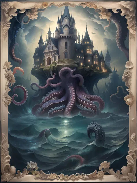 （tmasterpiece、Need、Ultra-delicate、A high resolution），dark castle，Below is the sea monster，The sea monster holds up the castle，Sea Monster Tentacles，Octopus tentacles，the night，rays of moonlight，(Look at the perspective from the bottom up)