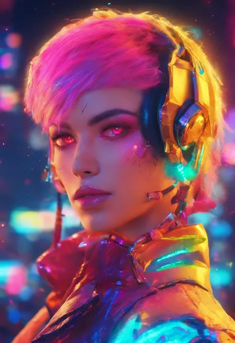 {{masterpiece}}, best quality, extremely detailed CG unity 8k wallpaper, cinematic lighting, lens flare, beautiful detail eyes, black,  side glance,  multicolor hair, colorful light, particles, heterochromia, (colorful:1.5), (colorful hair:1.5),