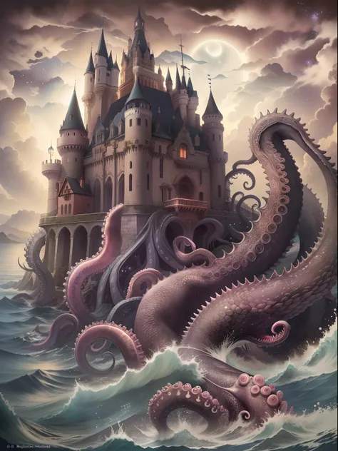 （tmasterpiece、Need、Ultra-delicate、A high resolution），dark castle，Below is the sea monster，The sea monster holds up the castle，Sea Monster Tentacles，Octopus tentacles，the night，rays of moonlight，(Look at the perspective from the bottom up)