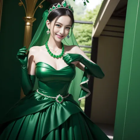 emerald tiara, Green Pearl Necklace, Boyish very short black hair, lipsticks, Japan woman smiling, very short short hair, big breasts beautiful, Green eyes, Long green gloves made of satin material, Green eyes, Emerald Earrings, The tattoo