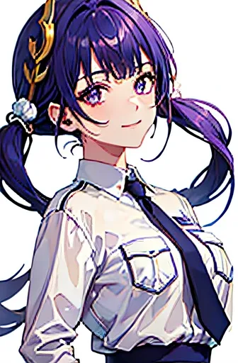 1girl, bust up, smile, purple hair, hair ornament, looking at viewer, face, twin tail, white shirt, pencil skirt, white background, pocket