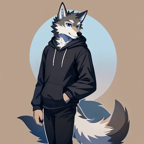 character、several people、furry、boy、man、white and gray fur、white hoodie、blue eyes、coyote、wolf's tail、illustratio、black pants、