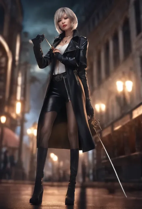 Best Quality,masutepiece,, 魔法少女まどか☆マギカのかなめまどかは、Wearing a black leather jacket and combat boots, holding a magic wand, And has a cold expression on her face.