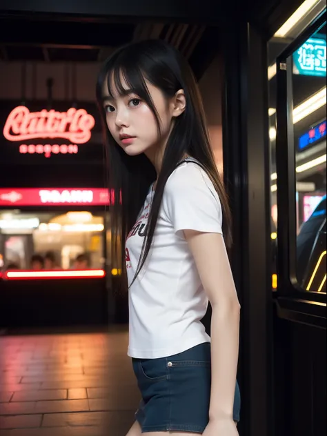 年轻，(a miniskirt)，tshirts，teens girl，Delicate body，petite body，Delicate body，small tits，tiny chest，Short，A dark-haired，Very Longhair，arcade，Very heavy rain