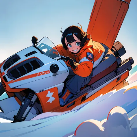 Marshal of the Arctic,Ride on a snow mobile machine,Wearing a winter jacket,Pose with your face thrust forward,Poses that emphasize perspective,funny pose,Rough Smile,Face looking up,masutepiece, Best Quality, Full body shot, No background, White backgroun...