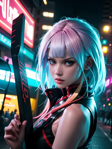 Rowdy Girl, in cyberpunk style, holding a hockey stick, Cool expression on face, at the night market, backlight, extremely realistic, 8k, insane details, intricate details, cinematic color grade, color grading, editorial photography, Photography, sharp foc...