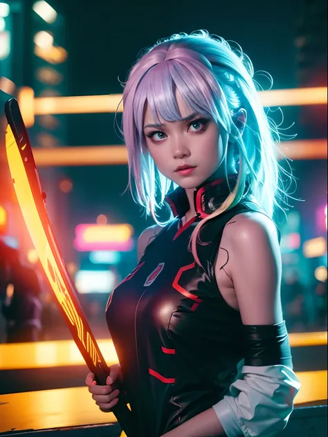 Rowdy Girl, in cyberpunk style, holding a hockey stick, Cool expression on face, at the night market, backlight, extremely realistic, 8k, insane details, intricate details, cinematic color grade, color grading, editorial photography, Photography, sharp foc...