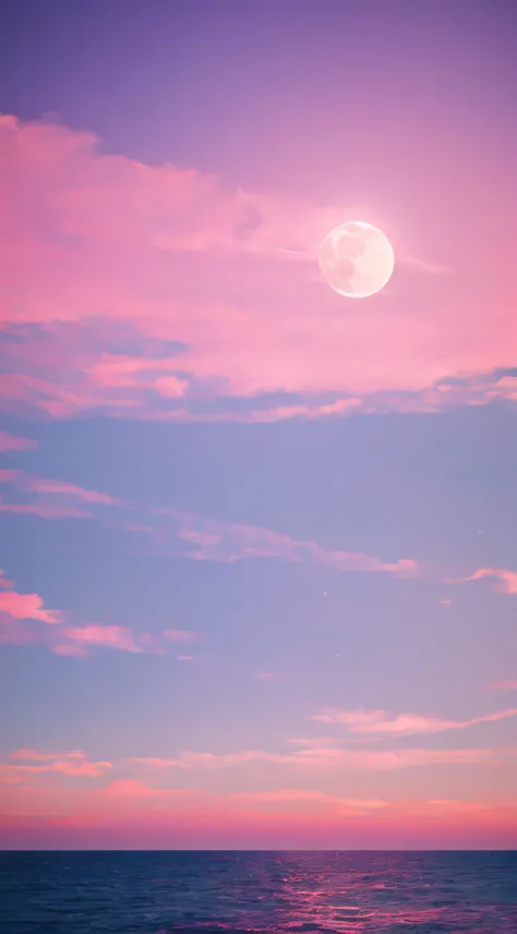 Pink moon, pink sky, soft pink clouds, pink ocean waves sparkling, sparkling, pink roses on pink ocean, fantasy, diamond, crown, universe, soft lights,